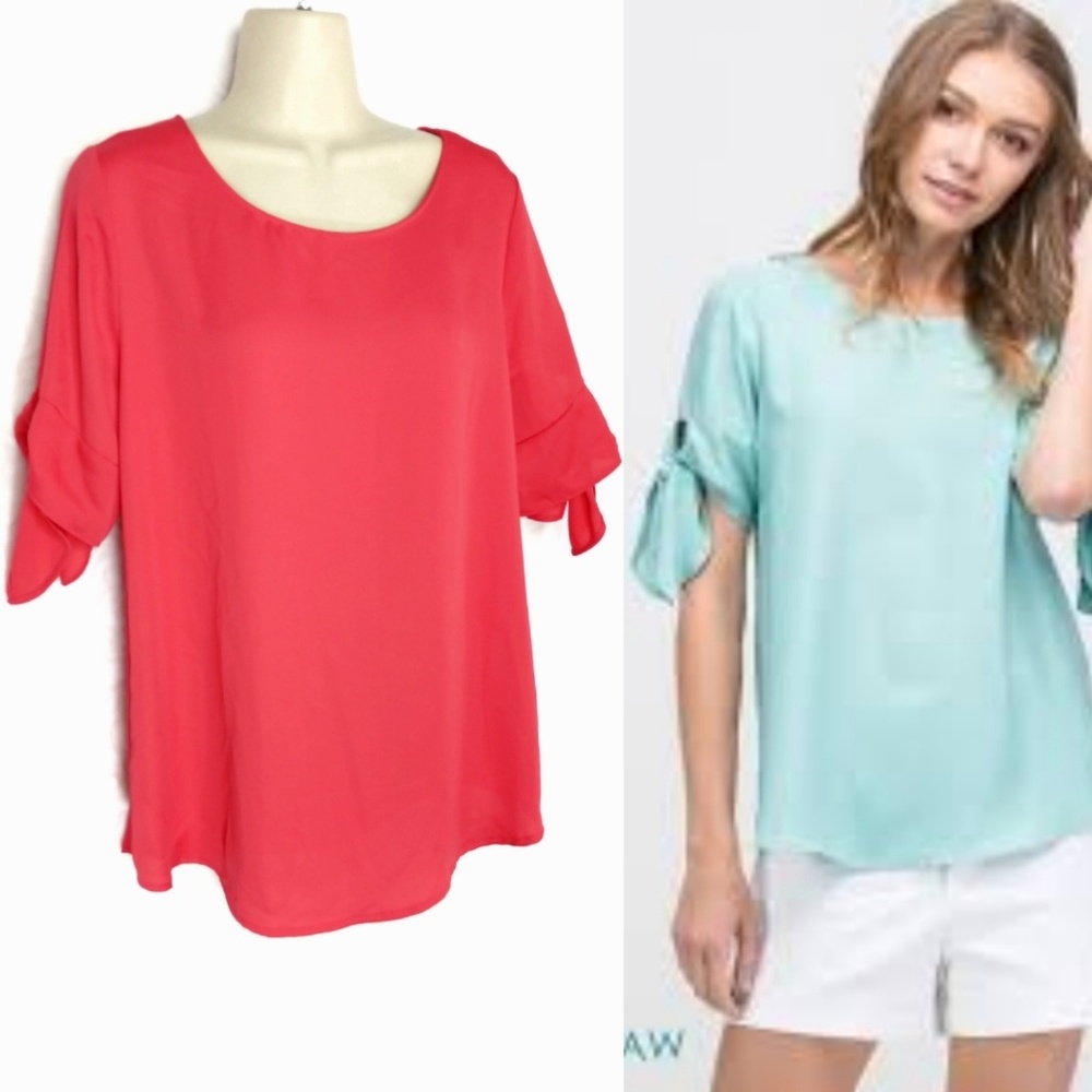 Womens Tie-Sleeve Blouse - Coral